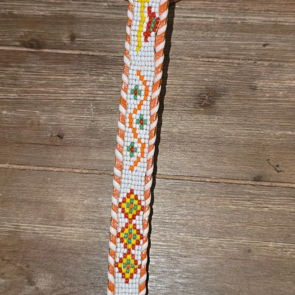 Vintage Orange Leather Beaded Belt 36 Western Thunderbird Hand Laced Boho